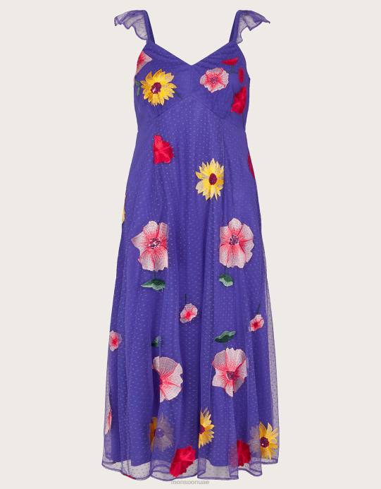 Monsoon نحيف فستان ميكايلا ميدي مزين بالزهور D68H29 ملابس أزرق