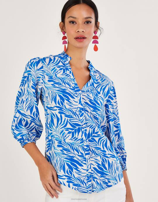 Monsoon نحيف بلوزة فلورنسا بطباعة أوراق الشجر مصنوعة من الفيسكوز المستدام D68H304 ملابس أزرق