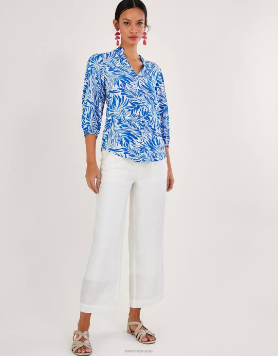 Monsoon نحيف بلوزة فلورنسا بطباعة أوراق الشجر مصنوعة من الفيسكوز المستدام D68H304 ملابس أزرق