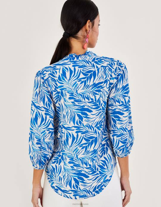 Monsoon نحيف بلوزة فلورنسا بطباعة أوراق الشجر مصنوعة من الفيسكوز المستدام D68H304 ملابس أزرق