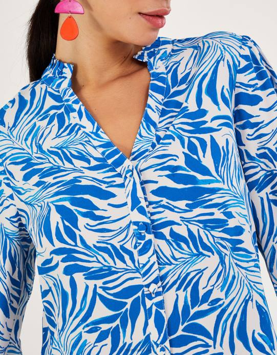 Monsoon نحيف بلوزة فلورنسا بطباعة أوراق الشجر مصنوعة من الفيسكوز المستدام D68H304 ملابس أزرق