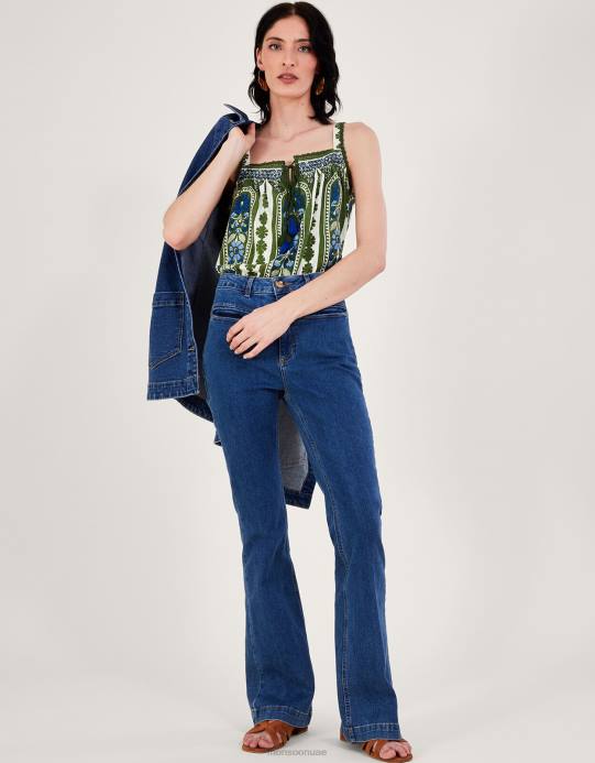 Monsoon نحيف بلوزة كامي بطبعة تراثية ومزخرفة بالدانتيل D68H305 ملابس الأخضر (الكاكي)