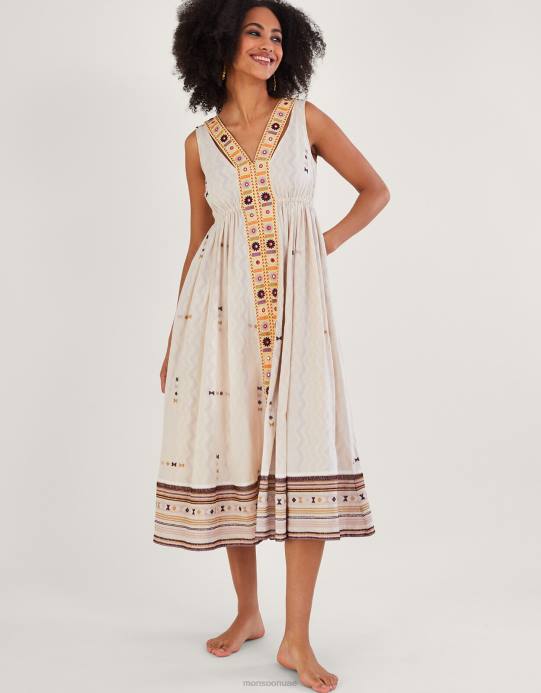 Monsoon نحيف فستان مطرز بتصميم شيفرون D68H306 ملابس عاج