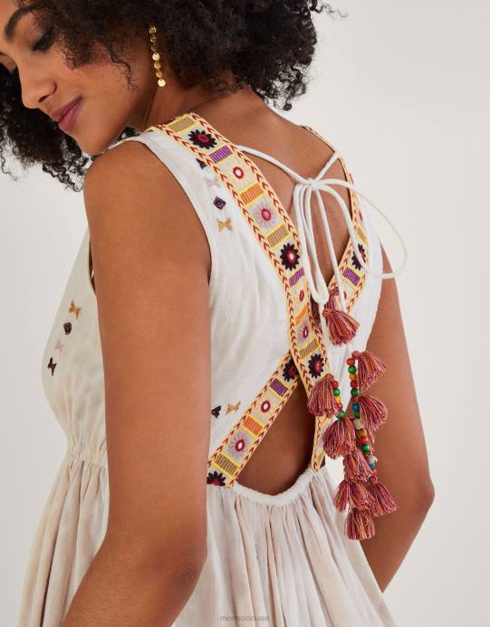 Monsoon نحيف فستان مطرز بتصميم شيفرون D68H306 ملابس عاج