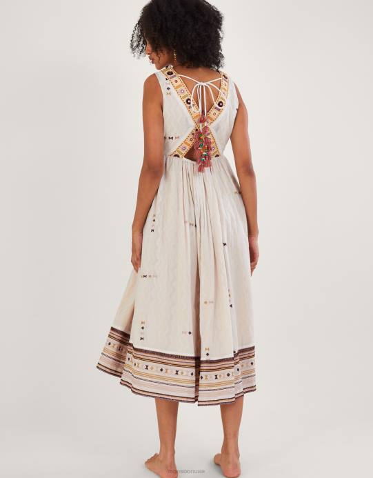 Monsoon نحيف فستان مطرز بتصميم شيفرون D68H306 ملابس عاج