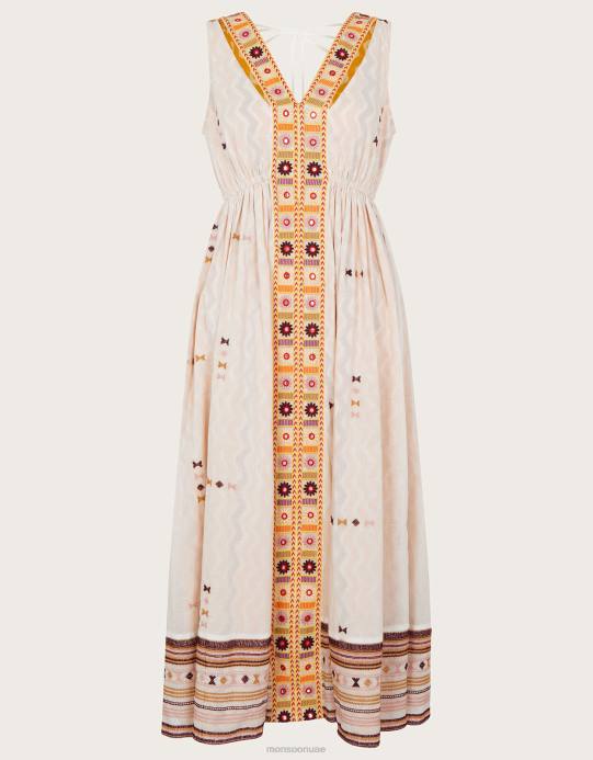 Monsoon نحيف فستان مطرز بتصميم شيفرون D68H306 ملابس عاج