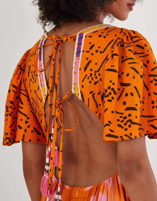 Monsoon نحيف فستان قفطان مطبوع في لينزينغ إيكوفيرو D68H307 ملابس برتقالي (مرجاني)