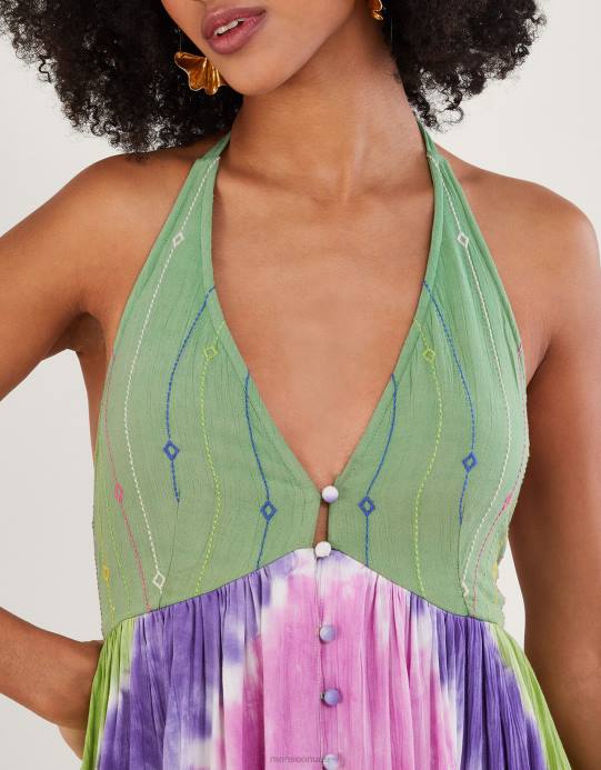 Monsoon نحيف فستان هالتر شيفرون مطبوع بصبغة التعادل في لينزينج إيكوفيرو D68H311 ملابس لون القرنفل