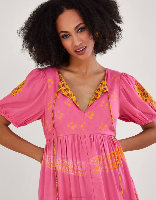 Monsoon نحيف فستان بانداني ببطانة متباينة وطبعات مصبوغة من لينزينغ إيكوفيرو D68H315 ملابس برتقالي (مرجاني)