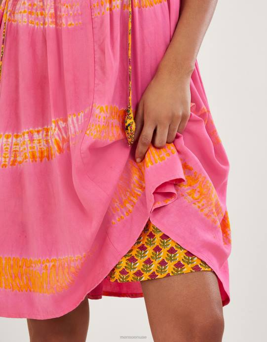 Monsoon نحيف فستان بانداني ببطانة متباينة وطبعات مصبوغة من لينزينغ إيكوفيرو D68H315 ملابس برتقالي (مرجاني)