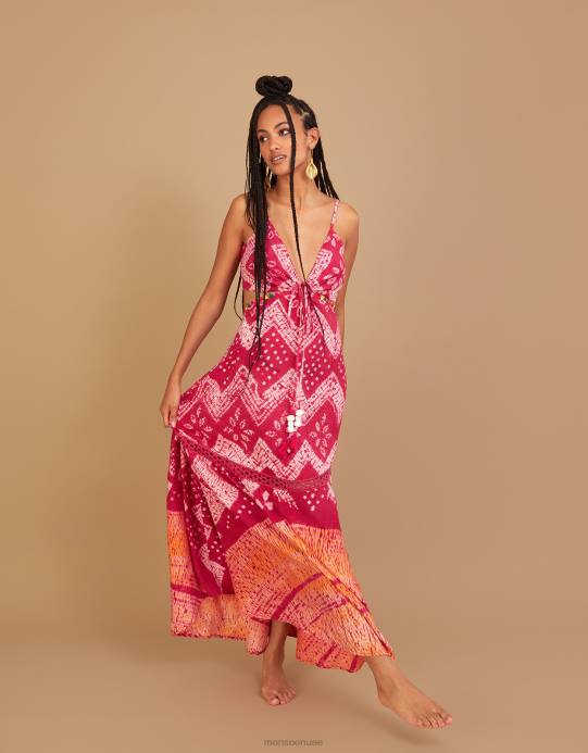 Monsoon نحيف فستان بانداني طويل بطبعات مصبوغة من لينزينغ إيكوفيرو D68H318 ملابس لون القرنفل