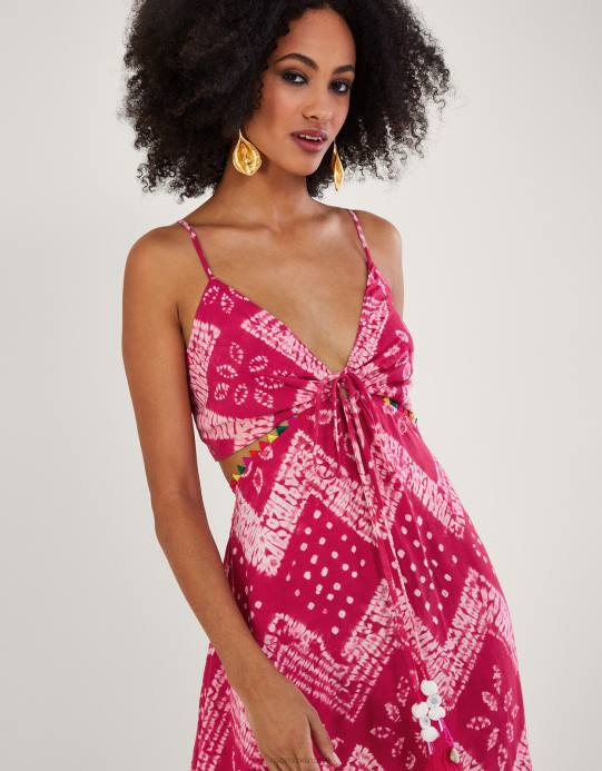 Monsoon نحيف فستان بانداني طويل بطبعات مصبوغة من لينزينغ إيكوفيرو D68H318 ملابس لون القرنفل