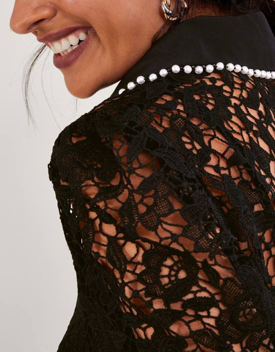 Monsoon نحيف بلوزة من الدانتيل الوردي D68H31 ملابس أسود