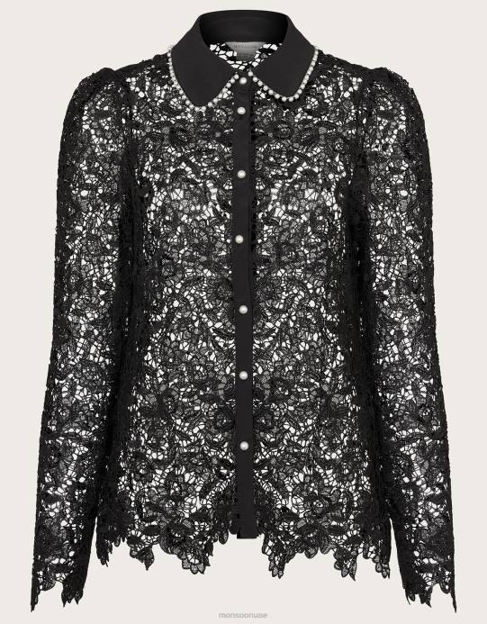 Monsoon نحيف بلوزة من الدانتيل الوردي D68H31 ملابس أسود