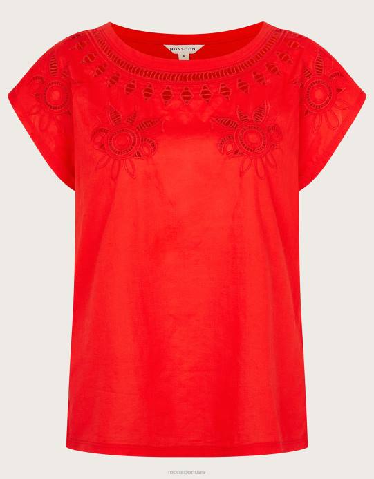 Monsoon نحيف تي شيرت بفتحة زهور D68H320 ملابس أحمر