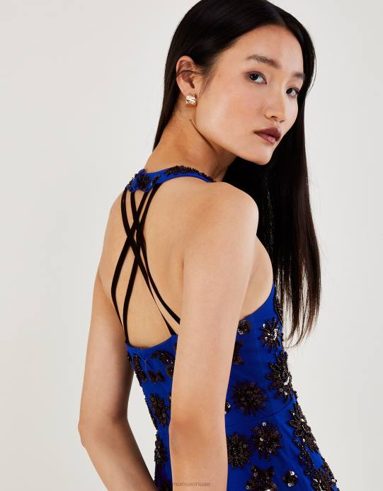 Monsoon نحيف فستان روزا طويل مزين بالترتر من البوليستر المعاد تدويره D68H322 ملابس الأزرق (الكوبالت)