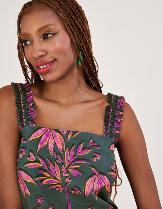 Monsoon نحيف قميص بيدرا كامي بطبعة نخيل من القطن المستدام D68H325 ملابس الأخضر (الكاكي)