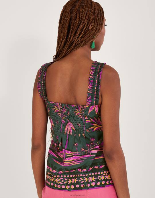 Monsoon نحيف قميص بيدرا كامي بطبعة نخيل من القطن المستدام D68H325 ملابس الأخضر (الكاكي)