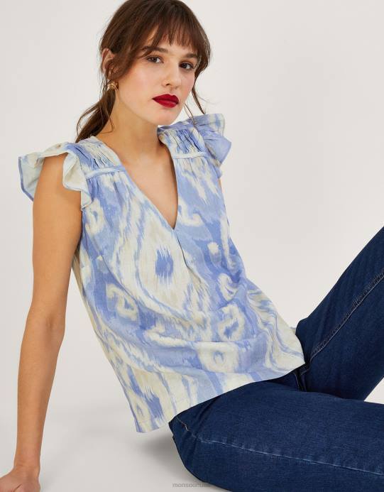 Monsoon نحيف قميص بيجي إيكات بدون أكمام من مزيج الكتان D68H326 ملابس أزرق