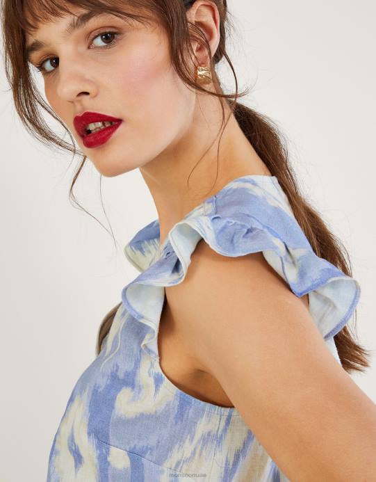 Monsoon نحيف قميص بيجي إيكات بدون أكمام من مزيج الكتان D68H326 ملابس أزرق