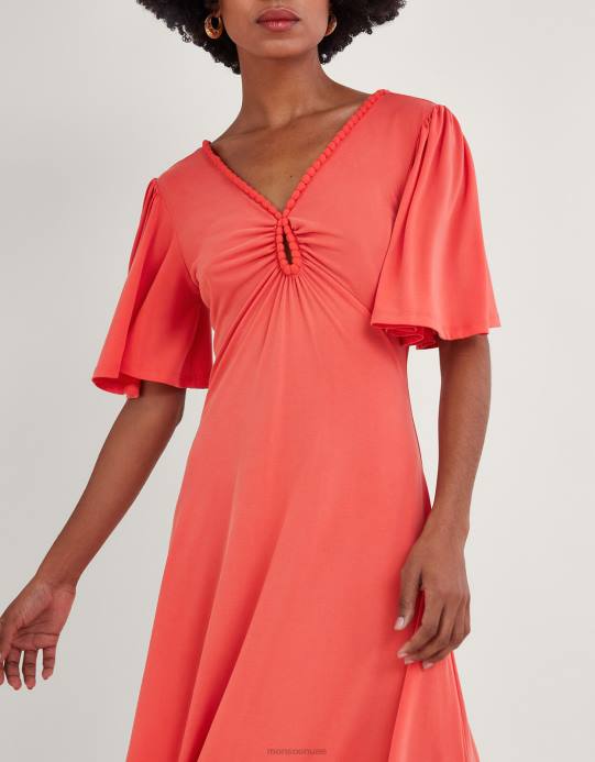 Monsoon نحيف فستان من الجيرسيه مزين بزخرفة بوم بوم وفتحة مفتاح D68H327 ملابس لون القرنفل