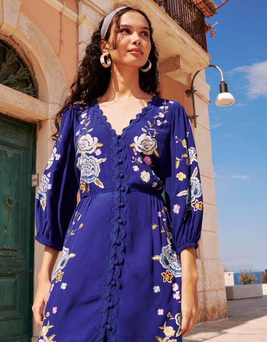 Monsoon نحيف فستان الشاي المطرز بالزهور من أولا من الفيسكوز المستدام D68H332 ملابس أزرق