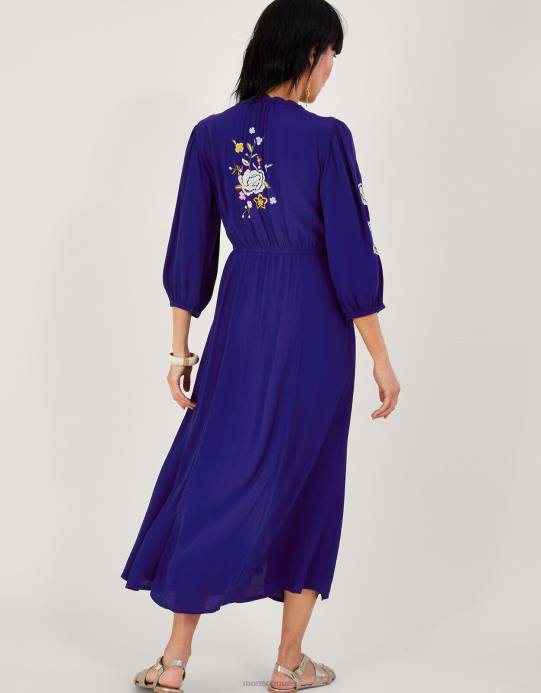 Monsoon نحيف فستان الشاي المطرز بالزهور من أولا من الفيسكوز المستدام D68H332 ملابس أزرق