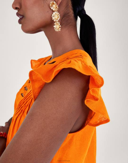 Monsoon نحيف بلوزة بأكمام واسعة وتفاصيل رقبة من مزيج الكتان D68H335 ملابس البرتقالي