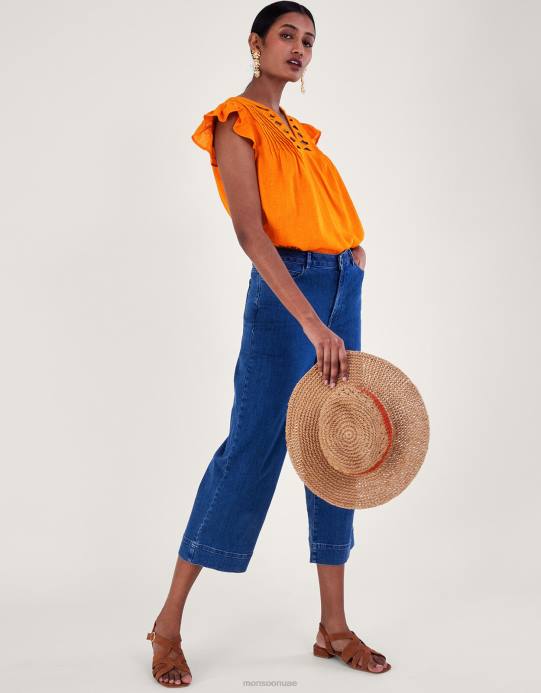 Monsoon نحيف بلوزة بأكمام واسعة وتفاصيل رقبة من مزيج الكتان D68H335 ملابس البرتقالي