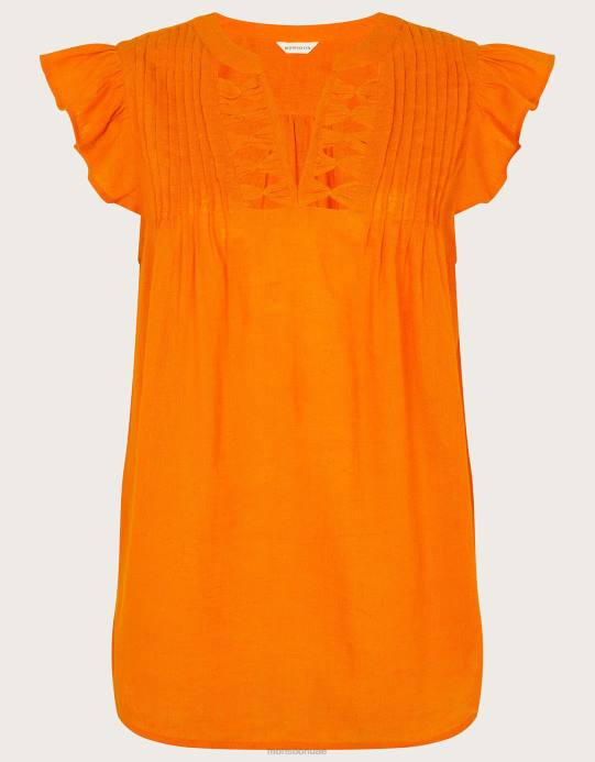 Monsoon نحيف بلوزة بأكمام واسعة وتفاصيل رقبة من مزيج الكتان D68H335 ملابس البرتقالي