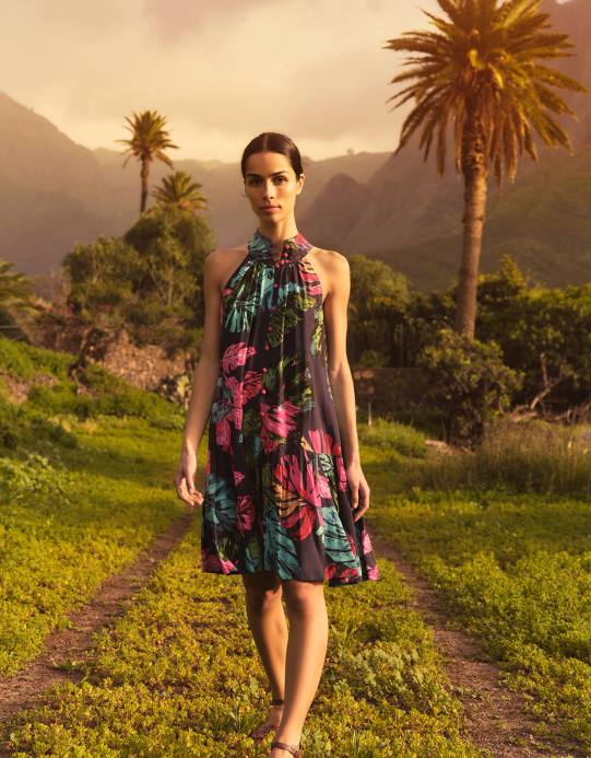 Monsoon نحيف فستان بطبعة النخيل من بريا مصنوع من الفيسكوز المستدام D68H337 ملابس الأزرق (منتصف الليل)