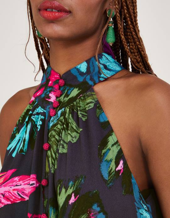 Monsoon نحيف فستان بطبعة النخيل من بريا مصنوع من الفيسكوز المستدام D68H337 ملابس الأزرق (منتصف الليل)