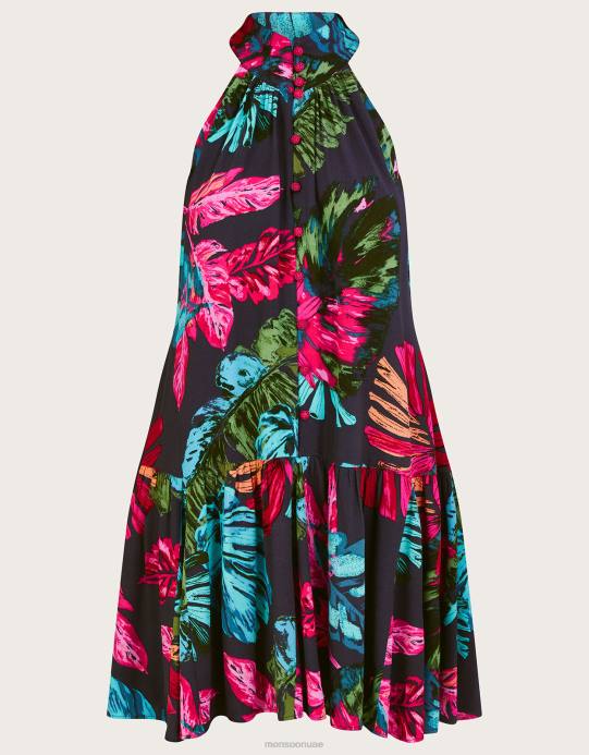 Monsoon نحيف فستان بطبعة النخيل من بريا مصنوع من الفيسكوز المستدام D68H337 ملابس الأزرق (منتصف الليل)