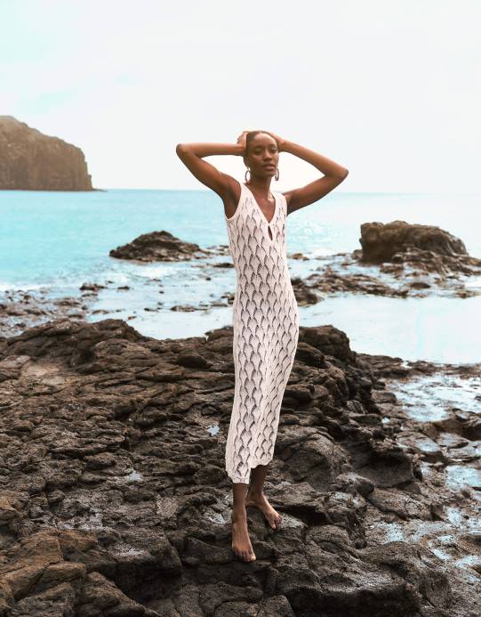 Monsoon نحيف فستان ميدي للشاطئ بغرزة بوانتيلي D68H339 ملابس عاج