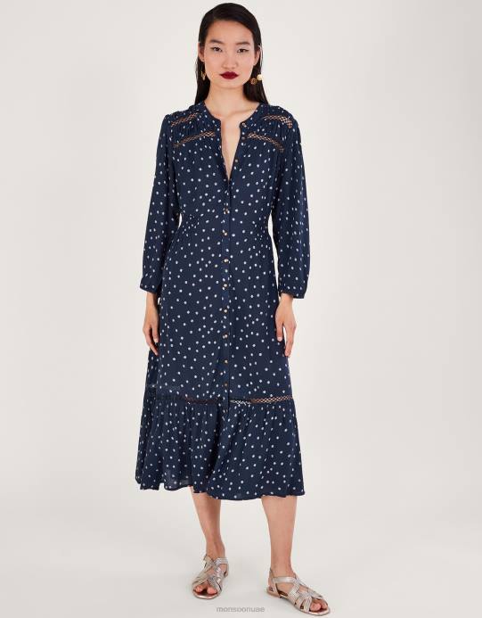 Monsoon نحيف بقعة قطع فستان ميدي D68H34 ملابس الأزرق الداكن)