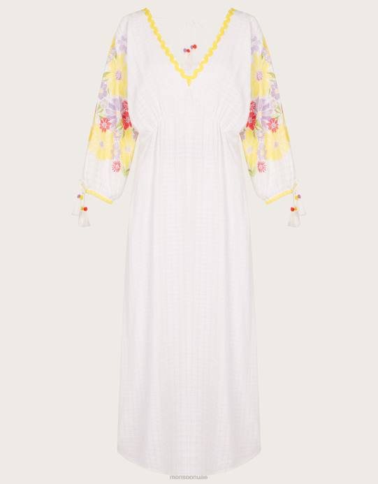 Monsoon نحيف فستان قفطان ميدي مطرز بالزهور D68H340 ملابس أبيض