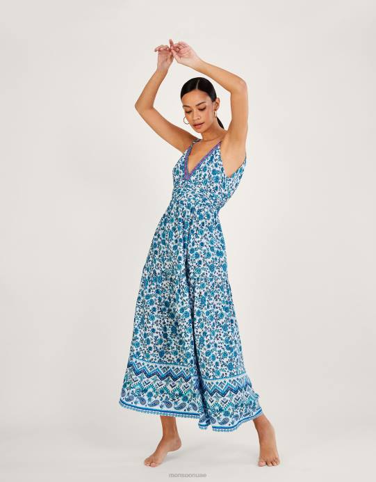 Monsoon نحيف فستان ماكسي بطبعات زهور مع لينزينج إيكوفيرو D68H341 ملابس أزرق