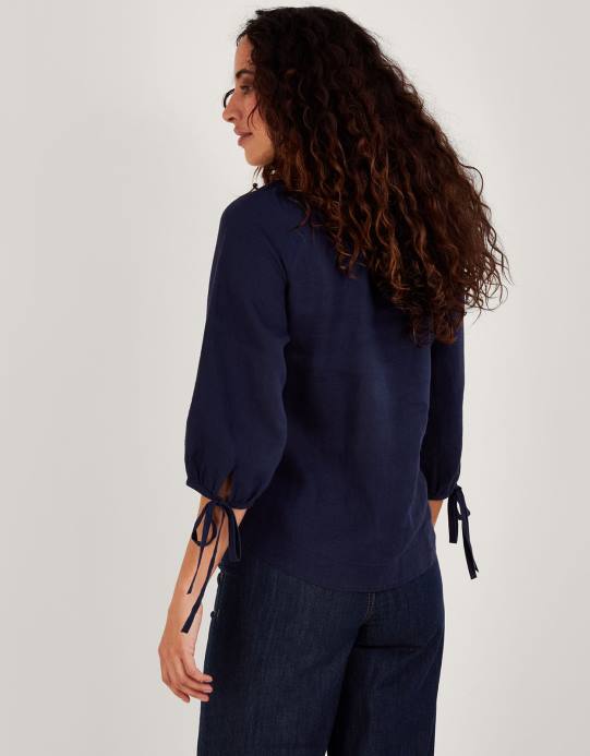 Monsoon نحيف زر الكفة التعادل من خلال بلوزة الكتان D68H343 ملابس أزرق