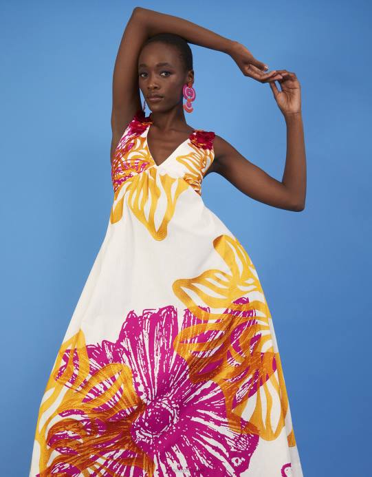 Monsoon نحيف فستان بوبلين بطبعة زهور مارغريت، مصنوع من القطن المستدام D68H350 ملابس عاج