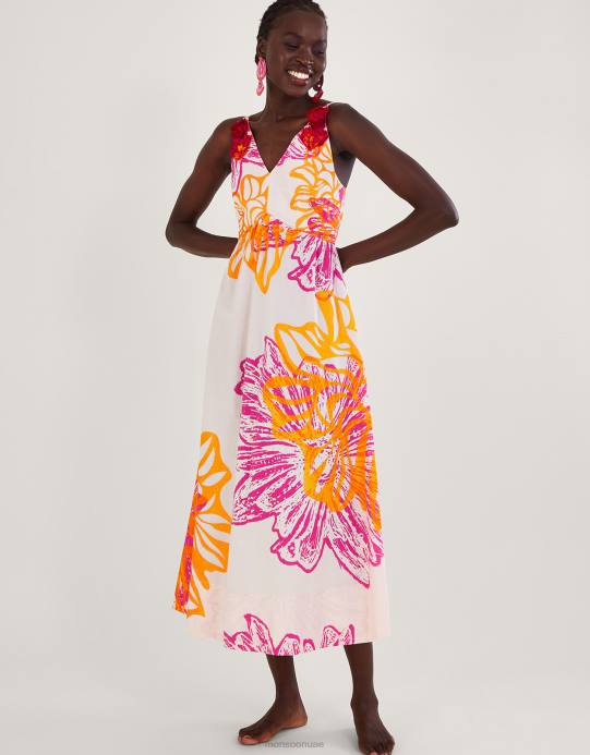 Monsoon نحيف فستان بوبلين بطبعة زهور مارغريت، مصنوع من القطن المستدام D68H350 ملابس عاج