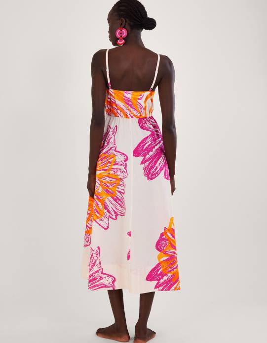 Monsoon نحيف فستان بوبلين بطبعة زهور مارغريت، مصنوع من القطن المستدام D68H350 ملابس عاج