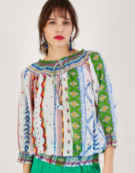 Monsoon نحيف بلوزة مطبوعة بحاشية فقاعية وربطة عنق D68H352 ملابس أبيض