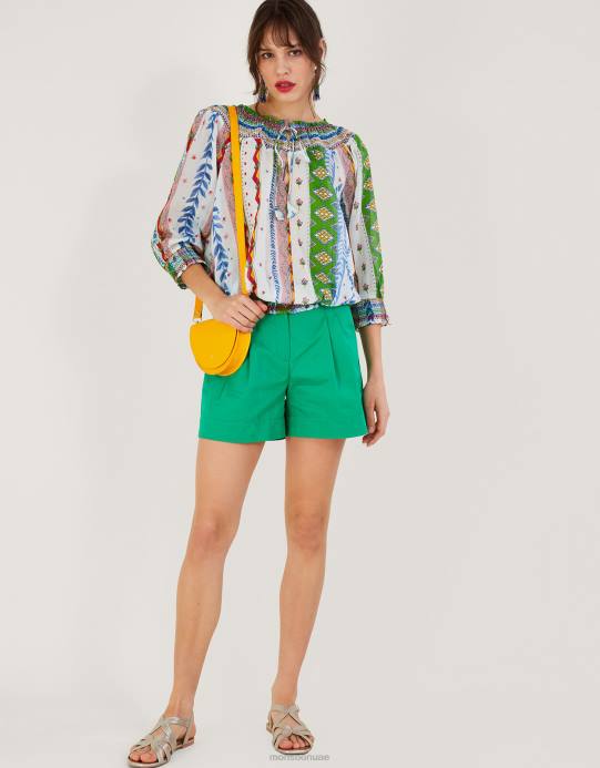 Monsoon نحيف بلوزة مطبوعة بحاشية فقاعية وربطة عنق D68H352 ملابس أبيض