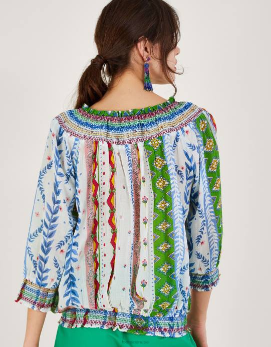 Monsoon نحيف بلوزة مطبوعة بحاشية فقاعية وربطة عنق D68H352 ملابس أبيض