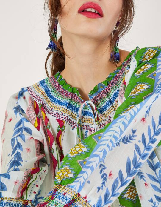 Monsoon نحيف بلوزة مطبوعة بحاشية فقاعية وربطة عنق D68H352 ملابس أبيض