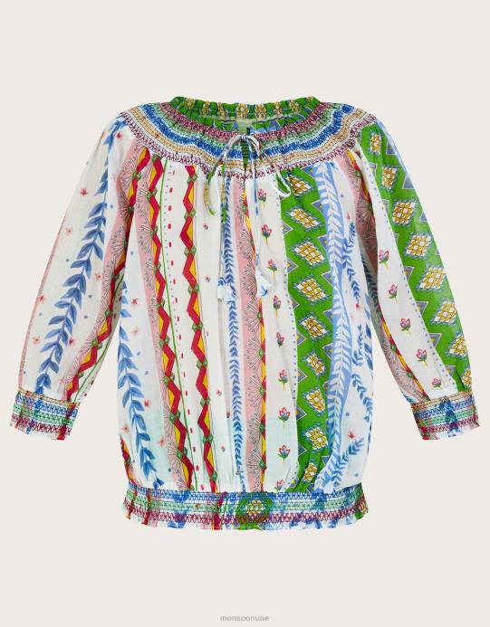 Monsoon نحيف بلوزة مطبوعة بحاشية فقاعية وربطة عنق D68H352 ملابس أبيض