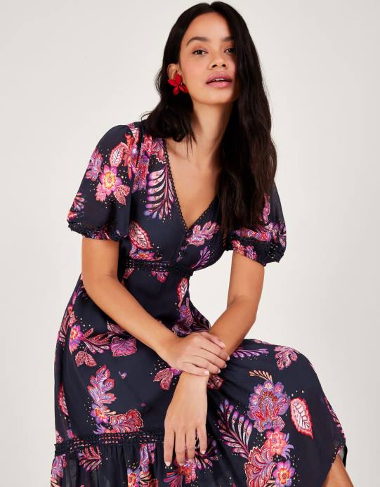 Monsoon نحيف فستان فين بحاشية هانكي من الفيسكوز المستدام D68H354 ملابس الأزرق الداكن)