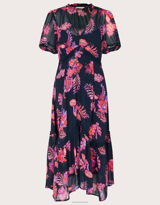 Monsoon نحيف فستان فين بحاشية هانكي من الفيسكوز المستدام D68H354 ملابس الأزرق الداكن)