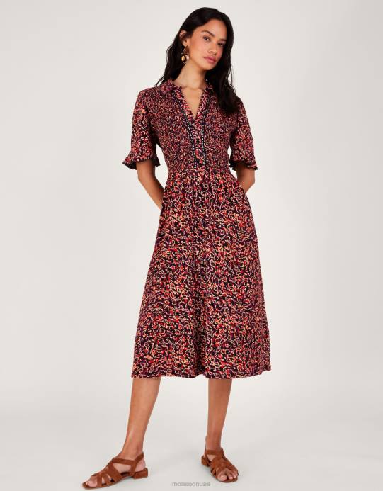 Monsoon نحيف فستان قميص طباعة D68H357 ملابس أحمر