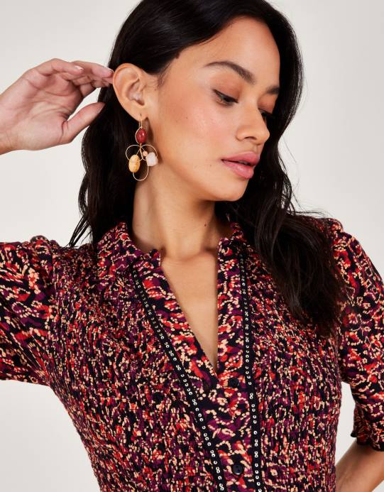 Monsoon نحيف فستان قميص طباعة D68H357 ملابس أحمر